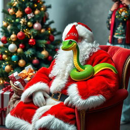 A beautiful bright Santa Claus wearing a red fur coat with a luxurious white collar, a matching red hat, and sporting a large fluffy white beard