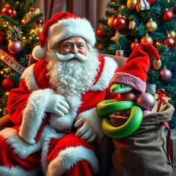 A beautiful bright Santa Claus wearing a red fur coat with a luxurious white collar, a matching red hat, and sporting a large fluffy white beard