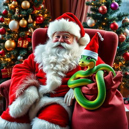 A beautiful bright Santa Claus wearing a red fur coat with a luxurious white collar, a matching red hat, and sporting a large fluffy white beard