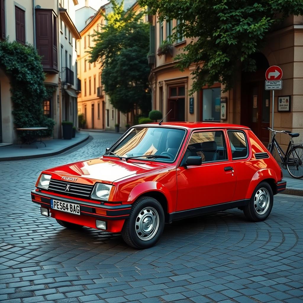 A vintage Peugeot 205 Turbo in an urban setting, showcasing its iconic design with a vibrant red color and sporty aesthetics