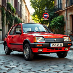 A vintage Peugeot 205 Turbo in an urban setting, showcasing its iconic design with a vibrant red color and sporty aesthetics