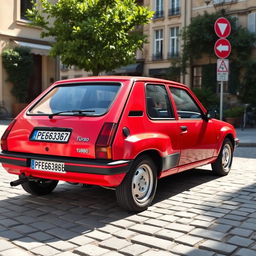 A vintage Peugeot 205 Turbo in an urban setting, showcasing its iconic design with a vibrant red color and sporty aesthetics
