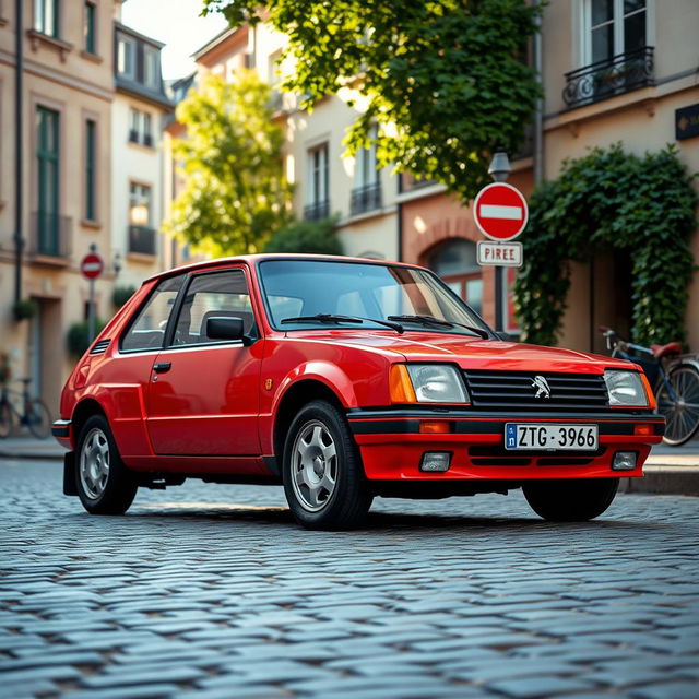 A vintage Peugeot 205 Turbo in an urban setting, showcasing its iconic design with a vibrant red color and sporty aesthetics