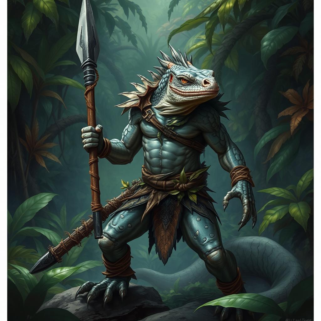 A fierce lizardfolk warrior standing in a dense jungle environment