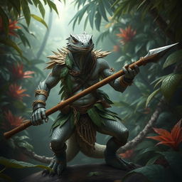 A fierce lizardfolk warrior standing in a dense jungle environment