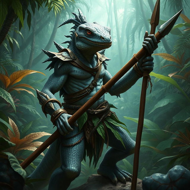 A fierce lizardfolk warrior standing in a dense jungle environment