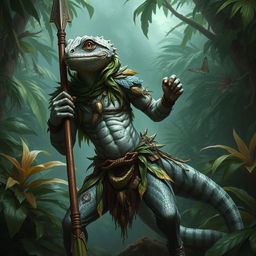 A fierce lizardfolk warrior standing in a dense jungle environment
