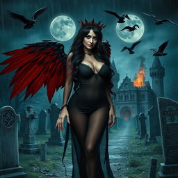 A beautifully eerie and mystical scene featuring a curvy, sexy girl with very long black, red, and silver hair