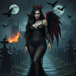 A beautifully eerie and mystical scene featuring a curvy, sexy girl with very long black, red, and silver hair