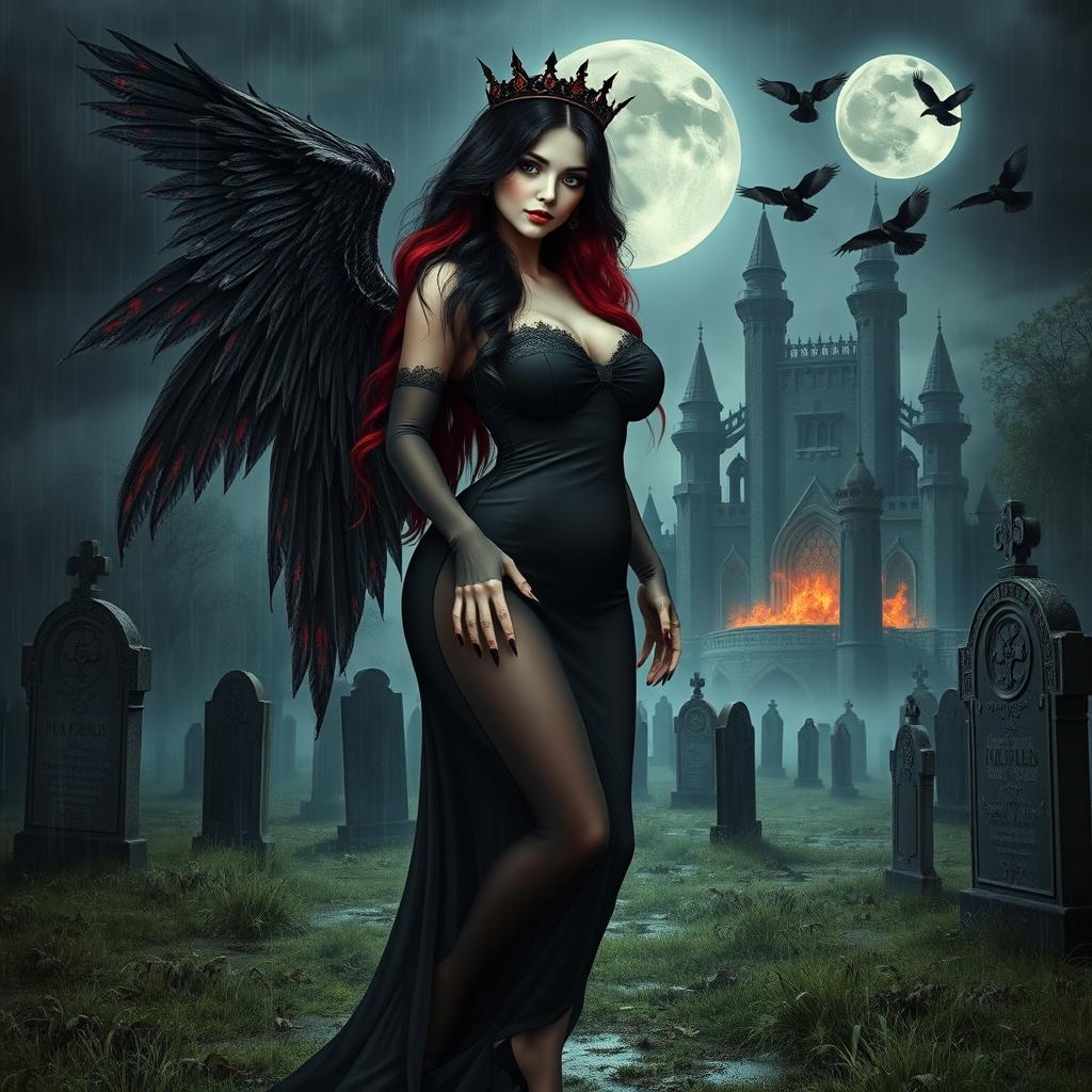 A beautifully eerie and mystical scene featuring a curvy, sexy girl with very long black, red, and silver hair