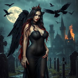 A beautifully eerie and mystical scene featuring a curvy, sexy girl with very long black, red, and silver hair
