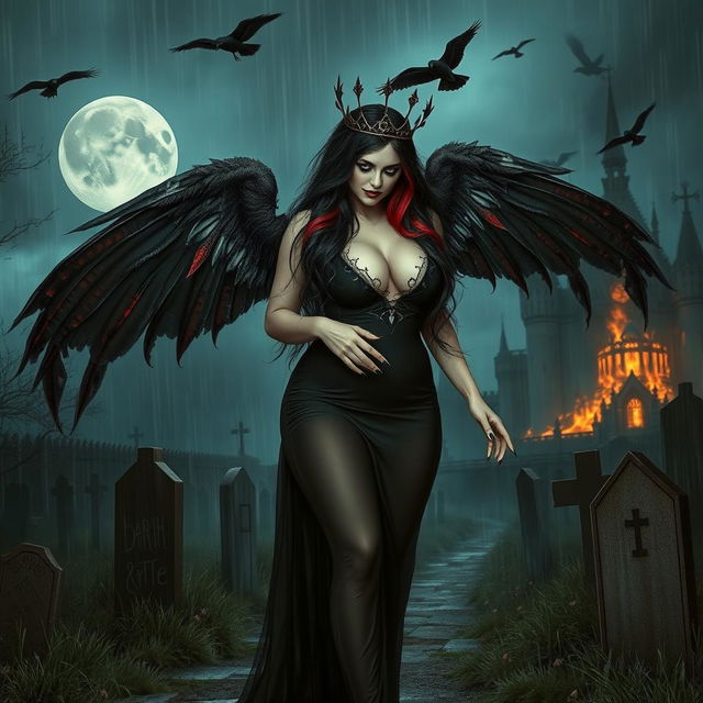 A beautifully eerie and mystical scene featuring a curvy, sexy girl with very long black, red, and silver hair