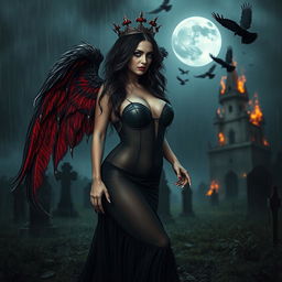 A beautifully eerie and mystical scene featuring a curvy, sexy girl with very long black, red, and silver hair