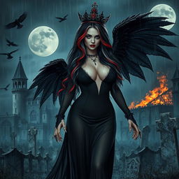 A beautifully eerie and mystical scene featuring a curvy, sexy girl with very long black, red, and silver hair