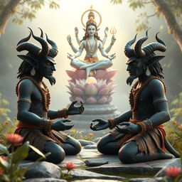 A captivating 3D representation of the demons Shumbha and Nishumbha performing penance before Lord Brahma