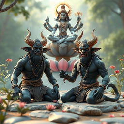 A captivating 3D representation of the demons Shumbha and Nishumbha performing penance before Lord Brahma