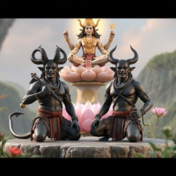 A captivating 3D representation of the demons Shumbha and Nishumbha performing penance before Lord Brahma