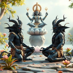 A captivating 3D representation of the demons Shumbha and Nishumbha performing penance before Lord Brahma