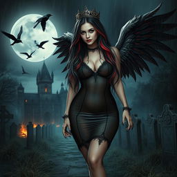 A beautifully eerie and mystical scene featuring a curvy, sexy girl with very long black, red, and silver hair