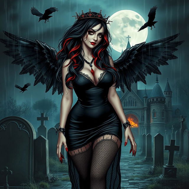 A beautifully eerie and mystical scene featuring a curvy, sexy girl with very long black, red, and silver hair