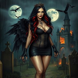 A beautifully eerie and mystical scene featuring a curvy, sexy girl with very long black, red, and silver hair