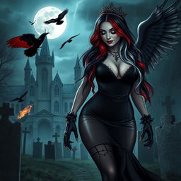 A beautifully eerie and mystical scene featuring a curvy, sexy girl with very long black, red, and silver hair