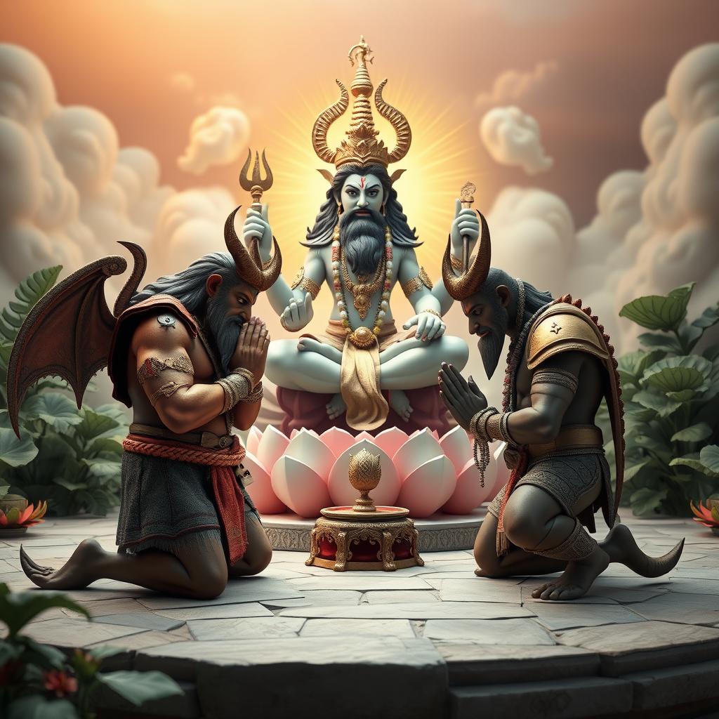 A captivating 3D image depicting the demons Shumbha and Nishumbha praying fervently in front of Lord Brahma