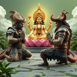 A captivating 3D image depicting the demons Shumbha and Nishumbha praying fervently in front of Lord Brahma