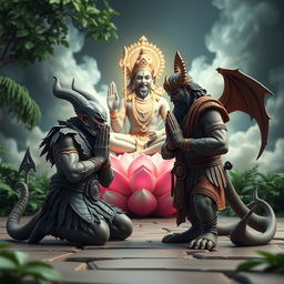 A captivating 3D image depicting the demons Shumbha and Nishumbha praying fervently in front of Lord Brahma