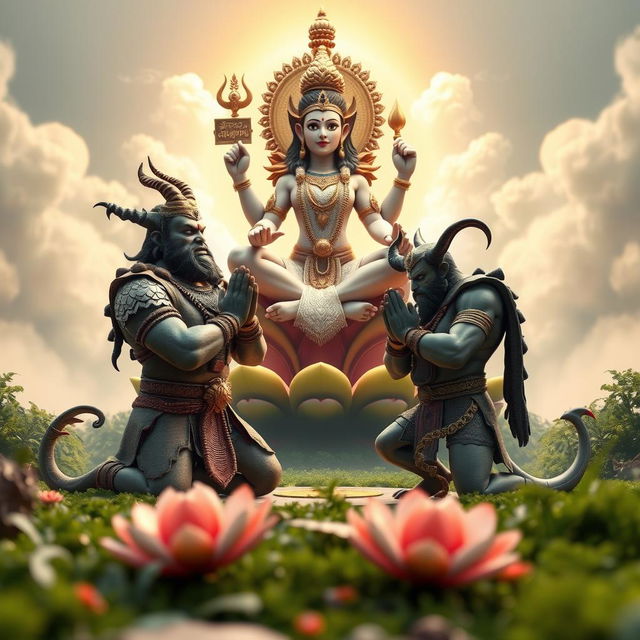 A captivating 3D image depicting the demons Shumbha and Nishumbha praying fervently in front of Lord Brahma