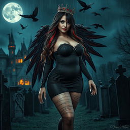 A stunning photographic image of a beautiful, innocent, curvy, sexy girl with very long black, red, and silver hair