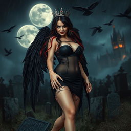 A stunning photographic image of a beautiful, innocent, curvy, sexy girl with very long black, red, and silver hair