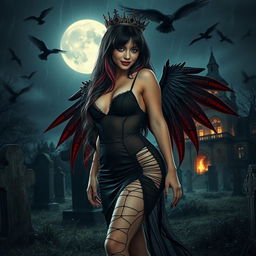 A stunning photographic image of a beautiful, innocent, curvy, sexy girl with very long black, red, and silver hair