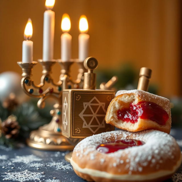 A beautifully detailed closeup of a decorative menorah, a shiny dreidel, and a delicious-looking jelly-filled donut, arranged beautifully on a festive table