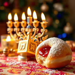 A beautifully detailed closeup of a decorative menorah, a shiny dreidel, and a delicious-looking jelly-filled donut, arranged beautifully on a festive table