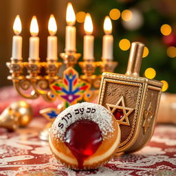 A beautifully detailed closeup of a decorative menorah, a shiny dreidel, and a delicious-looking jelly-filled donut, arranged beautifully on a festive table
