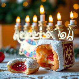 A beautifully detailed closeup of a decorative menorah, a shiny dreidel, and a delicious-looking jelly-filled donut, arranged beautifully on a festive table