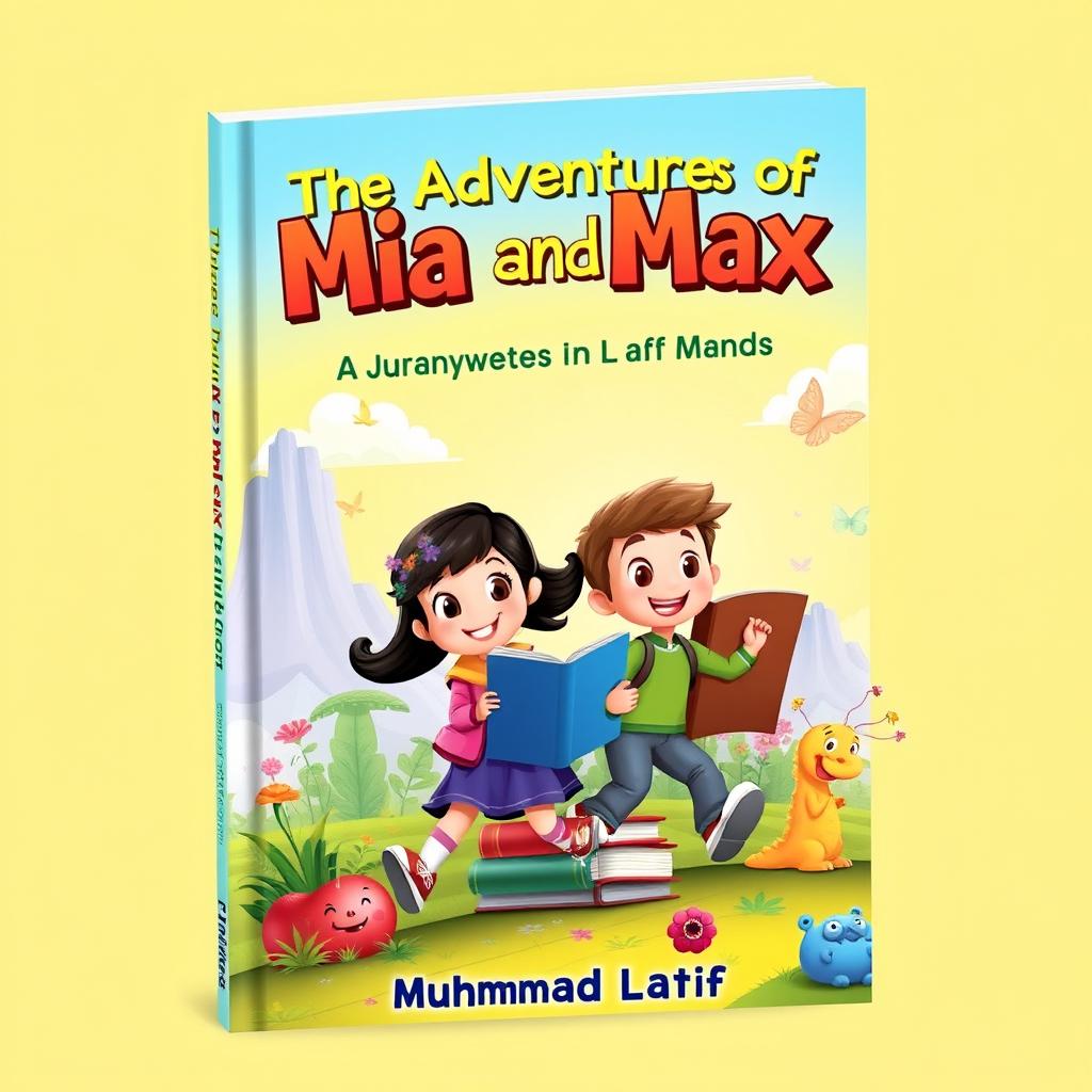 A colorful and adventurous book cover for 'The Adventures of Mia and Max: A Journey Through the Land of Learning' by Muhammad Latif