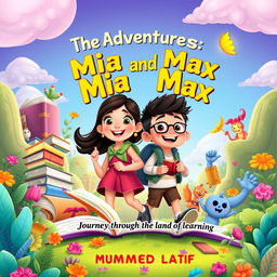 A colorful and adventurous book cover for 'The Adventures of Mia and Max: A Journey Through the Land of Learning' by Muhammad Latif