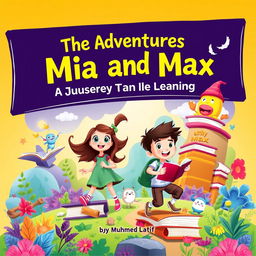 A colorful and adventurous book cover for 'The Adventures of Mia and Max: A Journey Through the Land of Learning' by Muhammad Latif