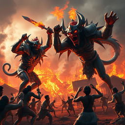 A dramatic 3D image illustrating the fierce demons Shumbha and Nishumbha attacking a village in full fury