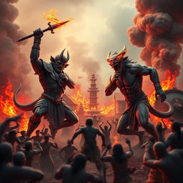 A dramatic 3D image illustrating the fierce demons Shumbha and Nishumbha attacking a village in full fury