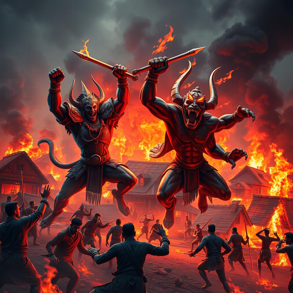 A dramatic 3D image illustrating the fierce demons Shumbha and Nishumbha attacking a village in full fury