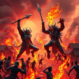 A dramatic 3D image illustrating the fierce demons Shumbha and Nishumbha attacking a village in full fury