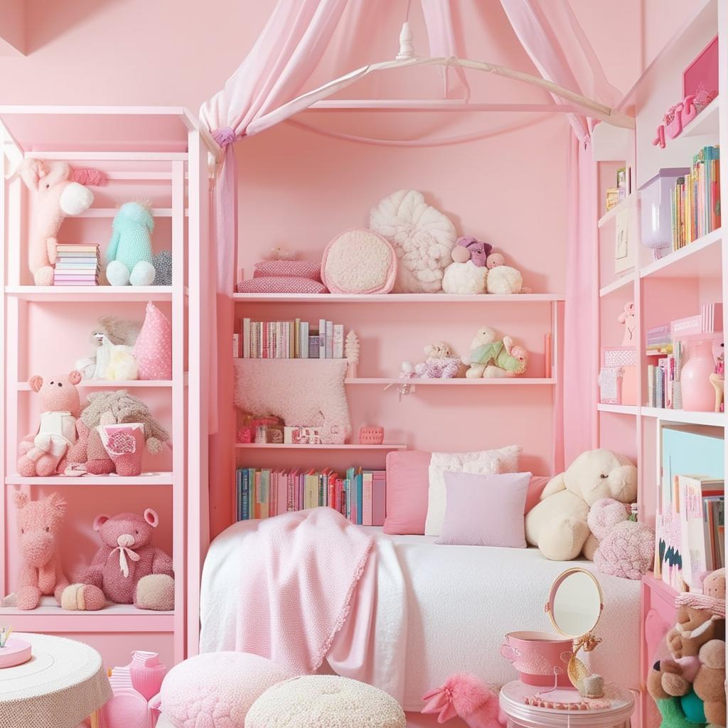 A youthful and sweet girl's room featuring pastel colors, fluffy pillows, a canopy bed, shelves filled with books and toys, and a dedicated study area.