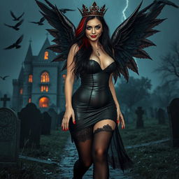 A captivating photographic image of a sweet, innocent, curvy, sexy girl with very long black, red, and silver hair