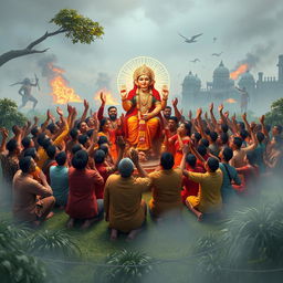 A poignant 3D image depicting villagers united in prayer to Maa Bhagwati, seeking protection from the threats of Shumbha and Nishumbha