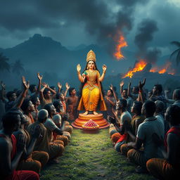 A poignant 3D image depicting villagers united in prayer to Maa Bhagwati, seeking protection from the threats of Shumbha and Nishumbha