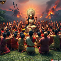A poignant 3D image depicting villagers united in prayer to Maa Bhagwati, seeking protection from the threats of Shumbha and Nishumbha