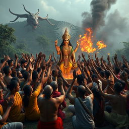 A poignant 3D image depicting villagers united in prayer to Maa Bhagwati, seeking protection from the threats of Shumbha and Nishumbha